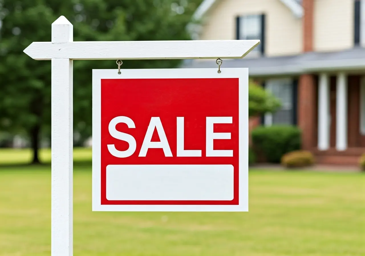 A For Sale sign with a house in the background. 35mm stock photo