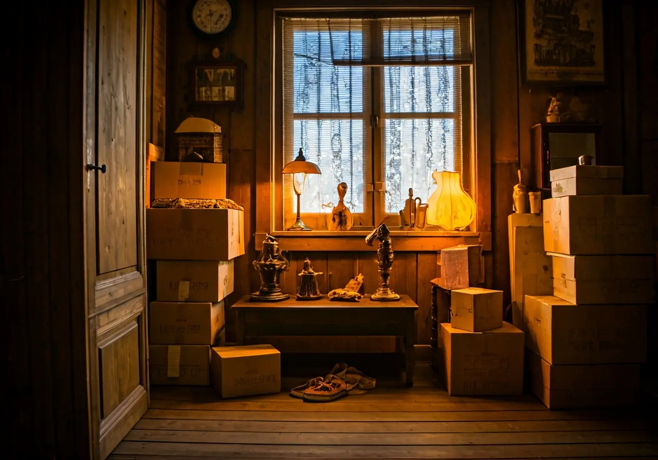 A cozy interior with neatly organized boxes and vintage decor. 35mm stock photo