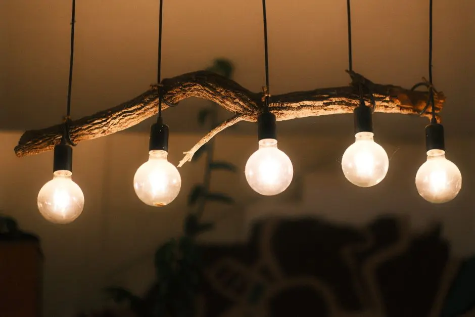 Warm ambient lighting with bulbs hanging from a rustic branch indoors.