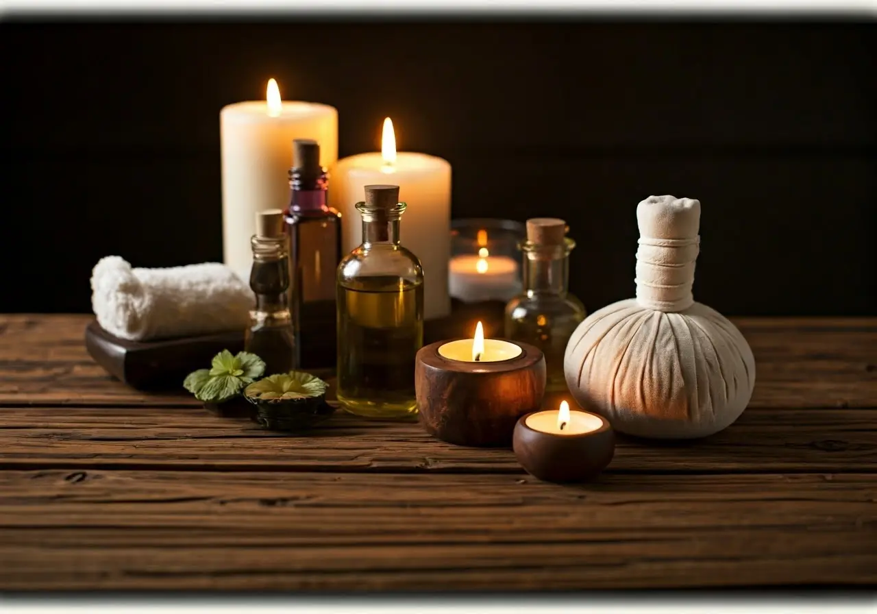 A serene spa setting with soft candlelight and oils. 35mm stock photo