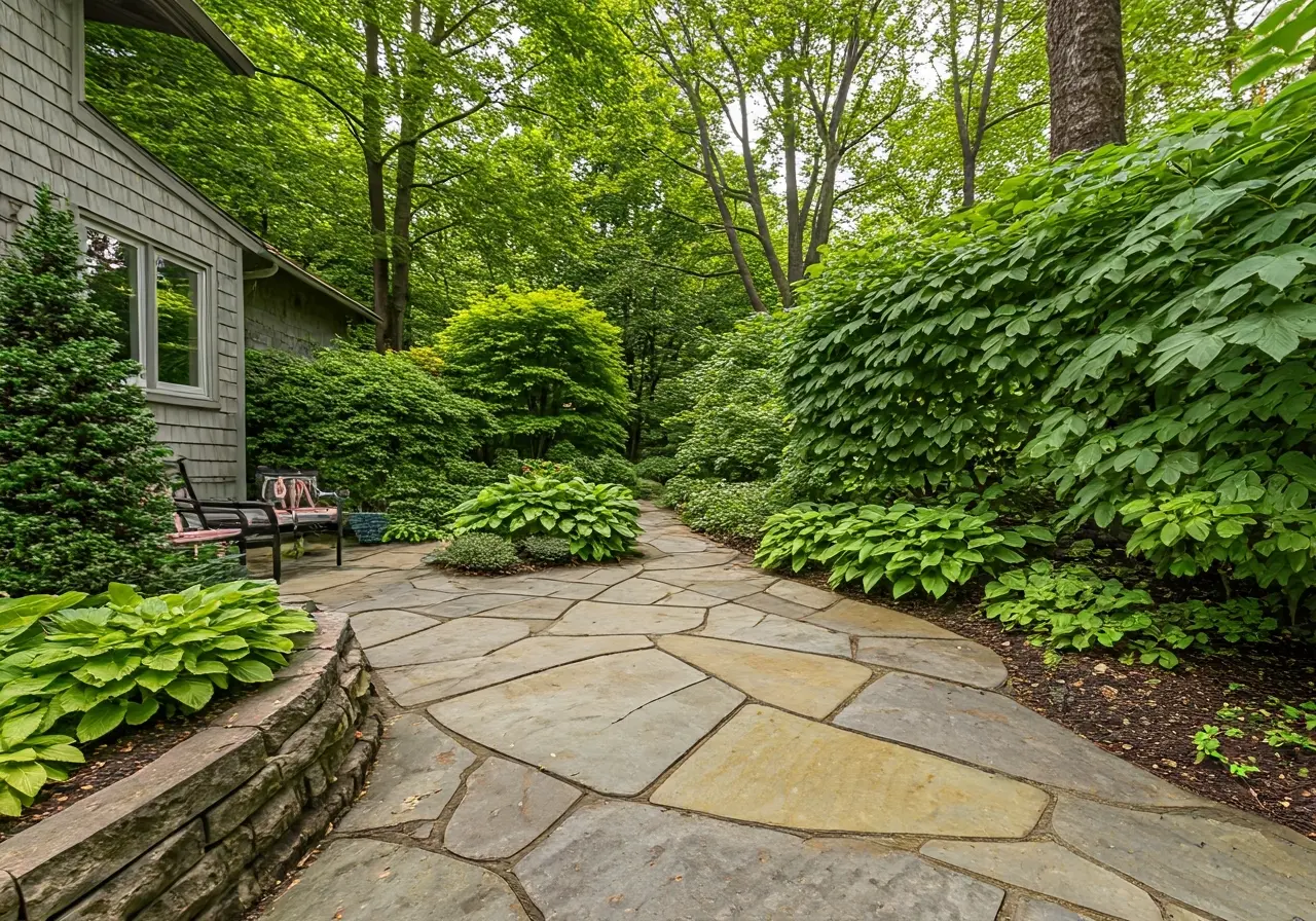 A beautifully designed stone patio surrounded by lush greenery. 35mm stock photo
