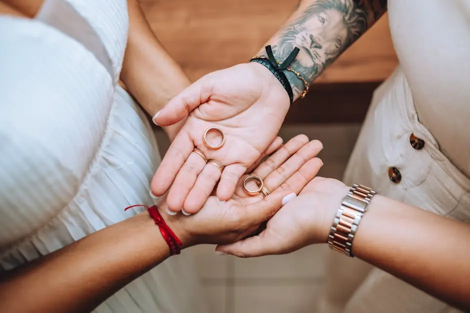 Two women holding wedding rings, symbolizing love and commitment.