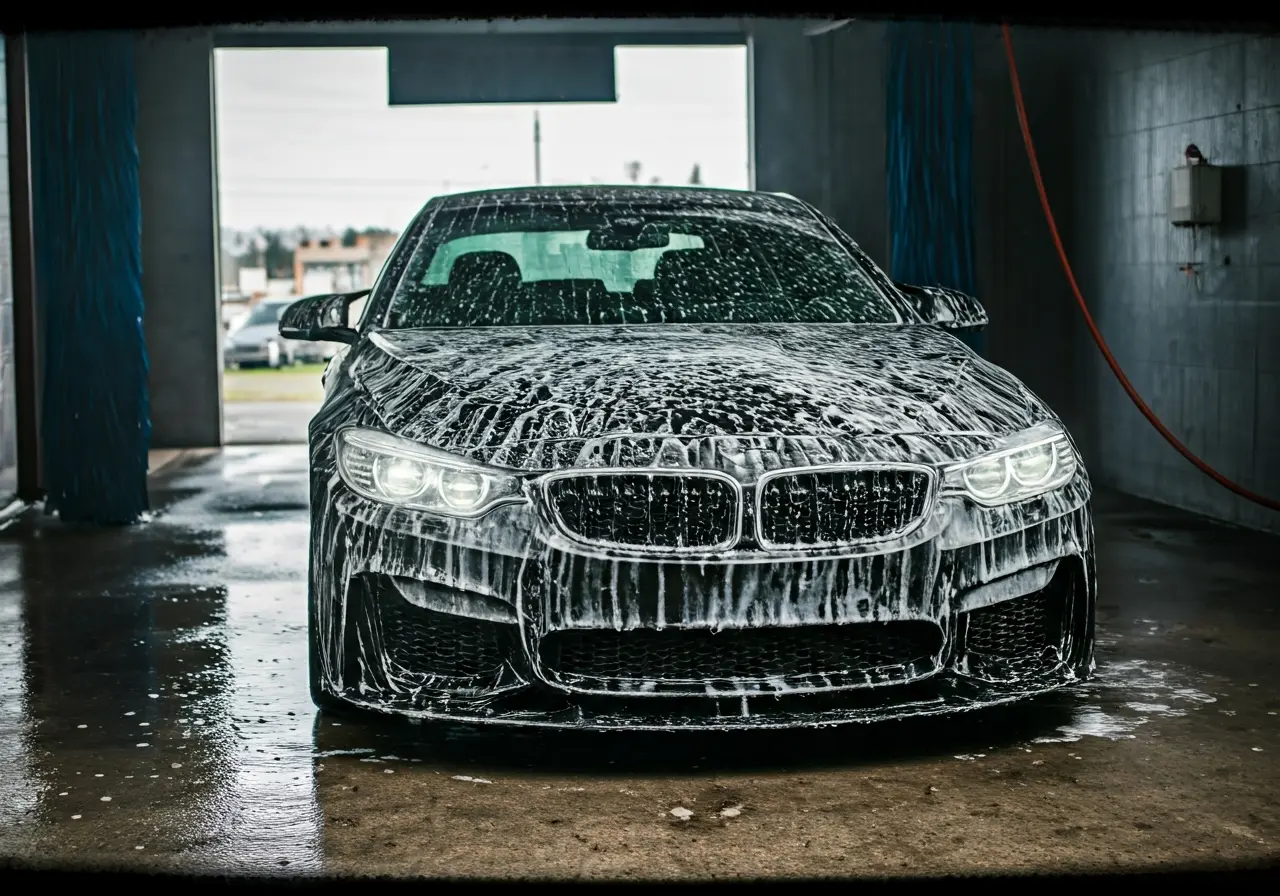A pristine car being professionally washed at a car wash. 35mm stock photo