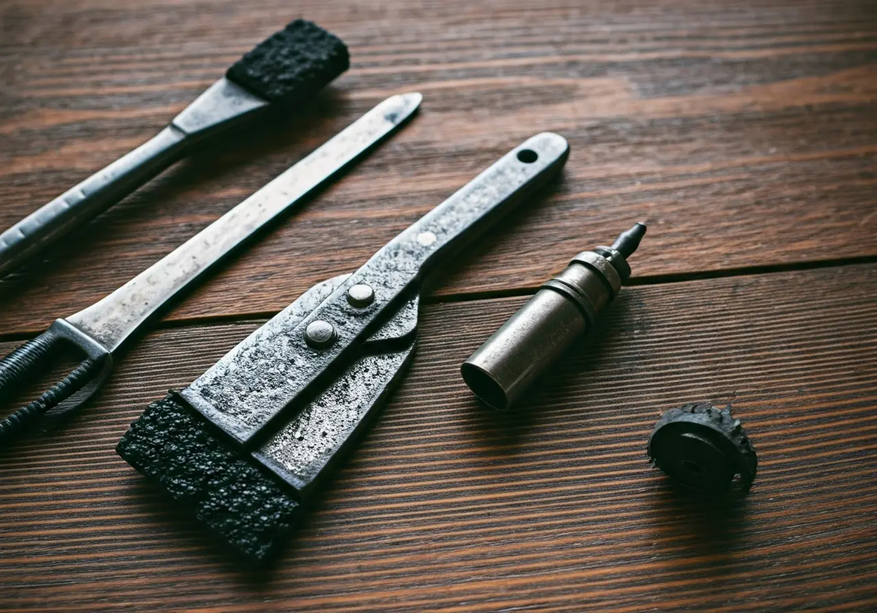 Close-up of various tar removal tools on a wooden surface. 35mm stock photo