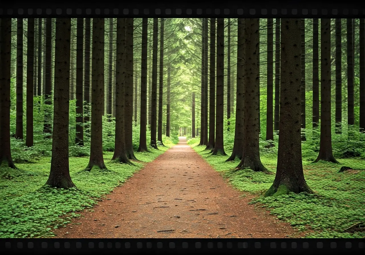 A path through a serene forest symbolizing personal growth journey. 35mm stock photo