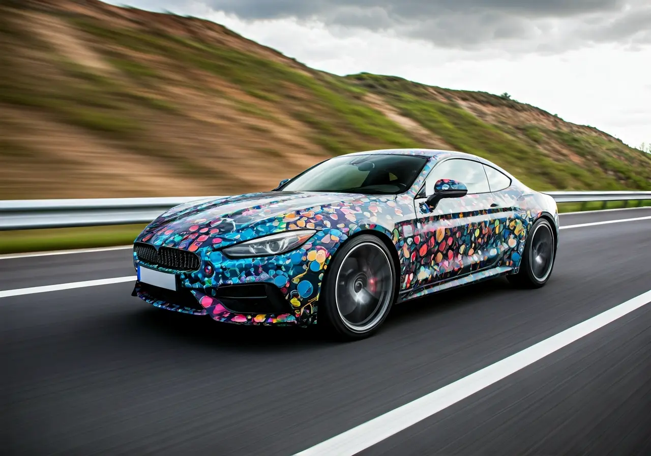 A sleek, modern car with a vibrant, unique logo. 35mm stock photo
