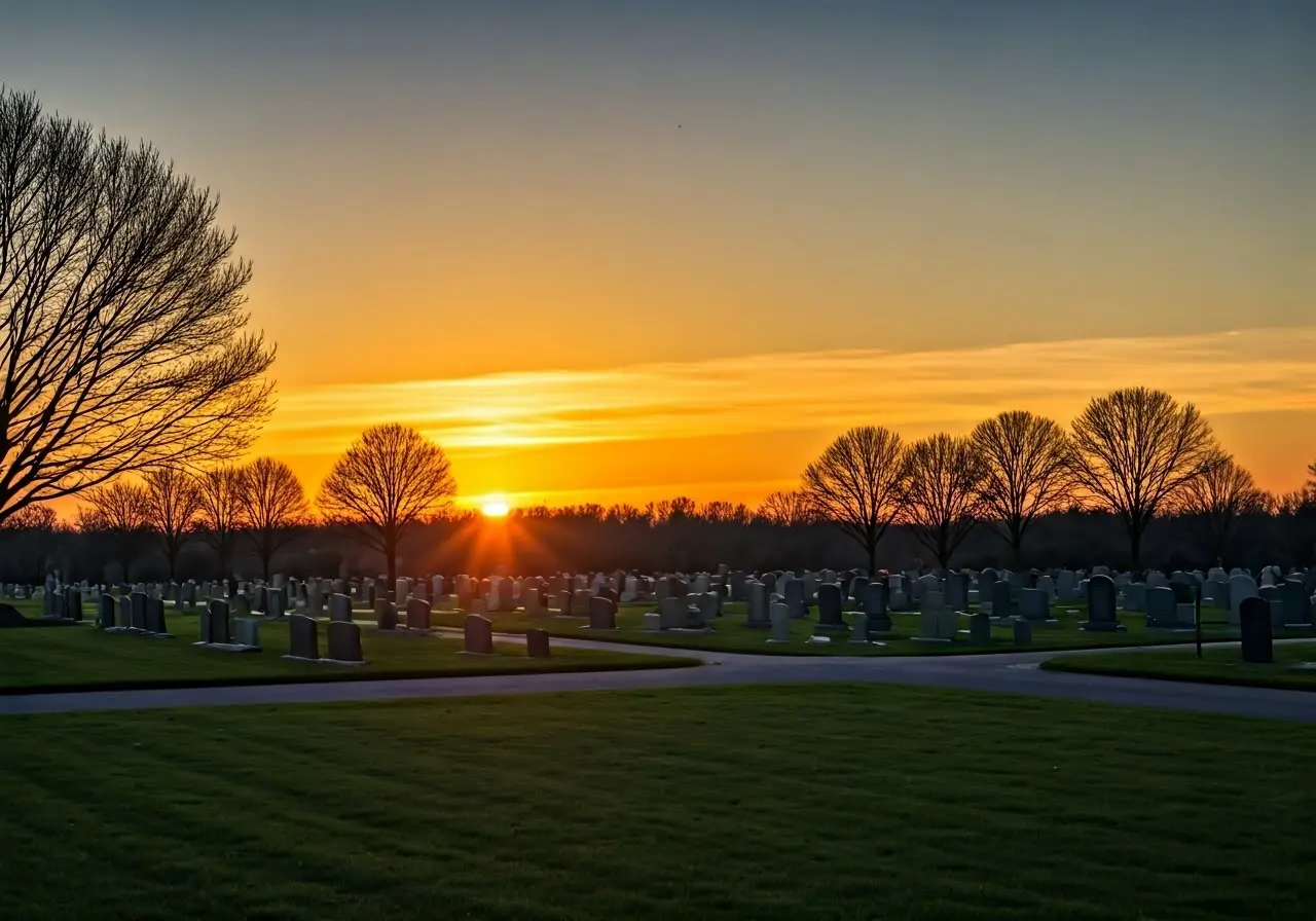 A serene sunset over a peaceful cemetery landscape. 35mm stock photo