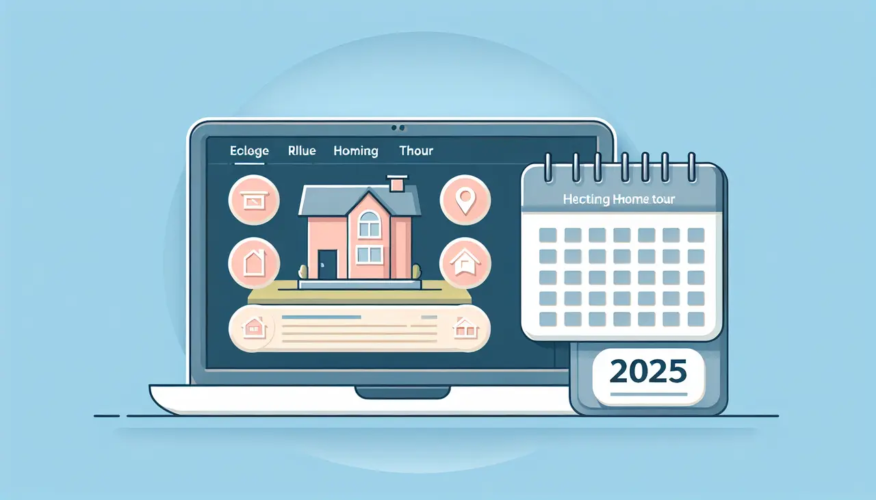 Draw a graphic in flat design style. A modern, minimalist illustration of a laptop displaying a virtual home tour with clickable icons, next to a calendar showing the year 2025.