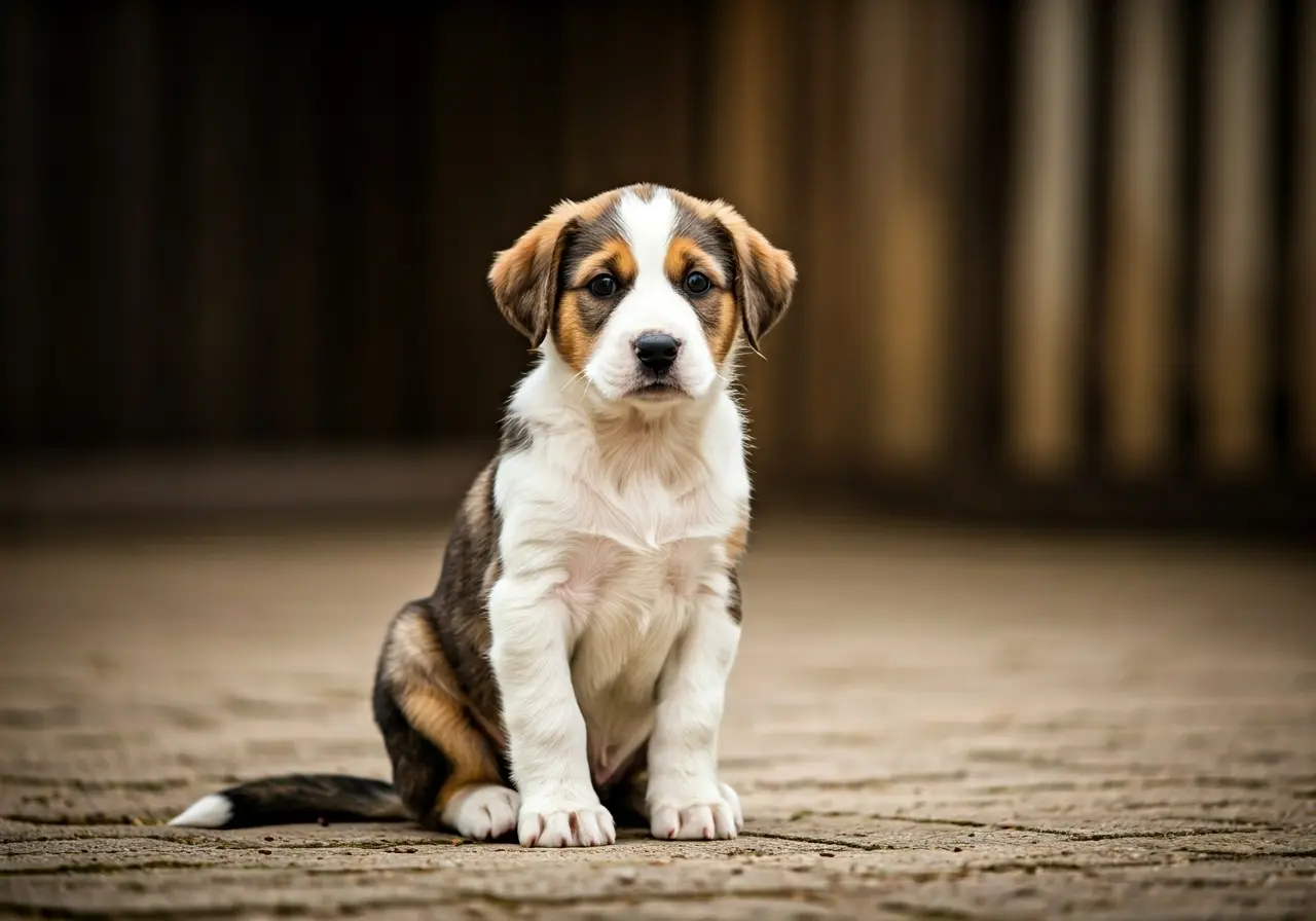A cute puppy sitting attentively in a training class. 35mm stock photo