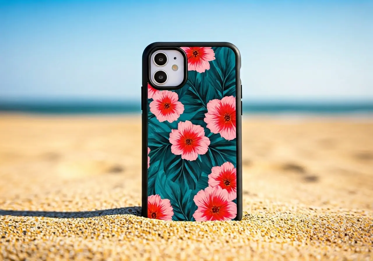 A vibrant floral phone case on a sandy beach. 35mm stock photo