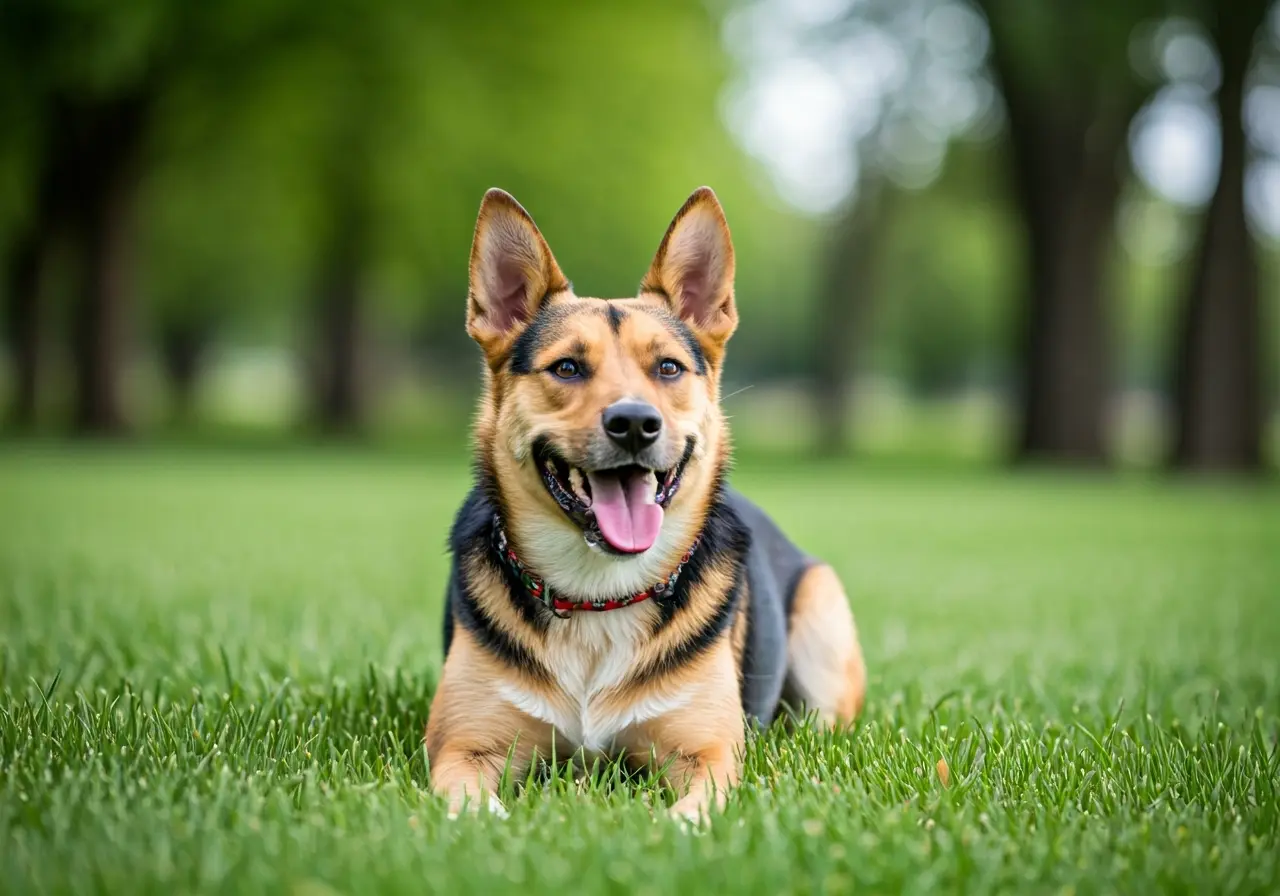 A happy dog playing in a green park in Madison. 35mm stock photo