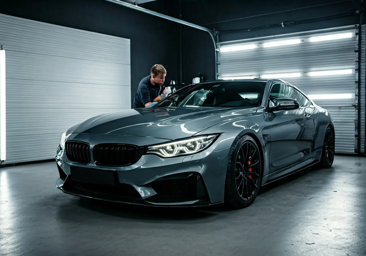 A shiny car getting detailed in a professional garage. 35mm stock photo