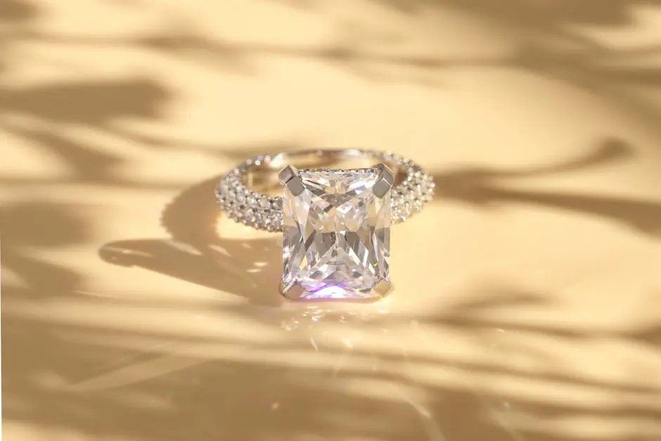 Close-up of a sparkling diamond ring casting shadows, perfect for luxury and jewelry themes.