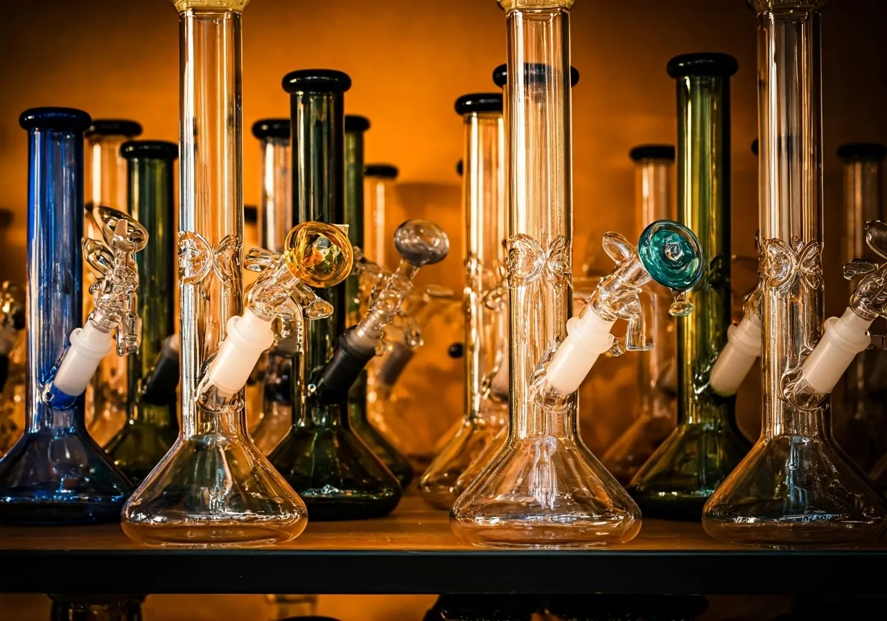A variety of colorful glass bongs displayed on a shelf. 35mm stock photo