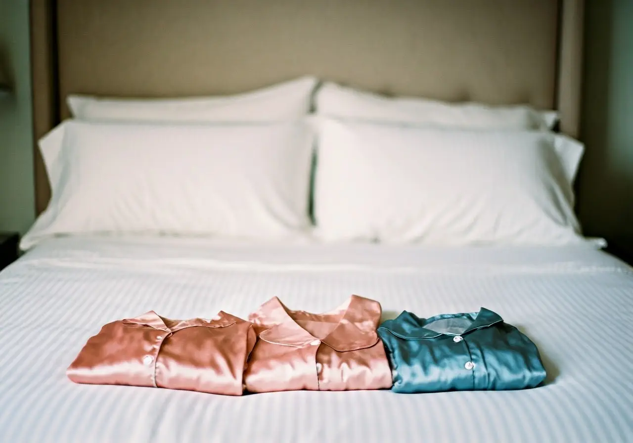 Silky bridal party pajamas laid neatly on a luxurious bed. 35mm stock photo