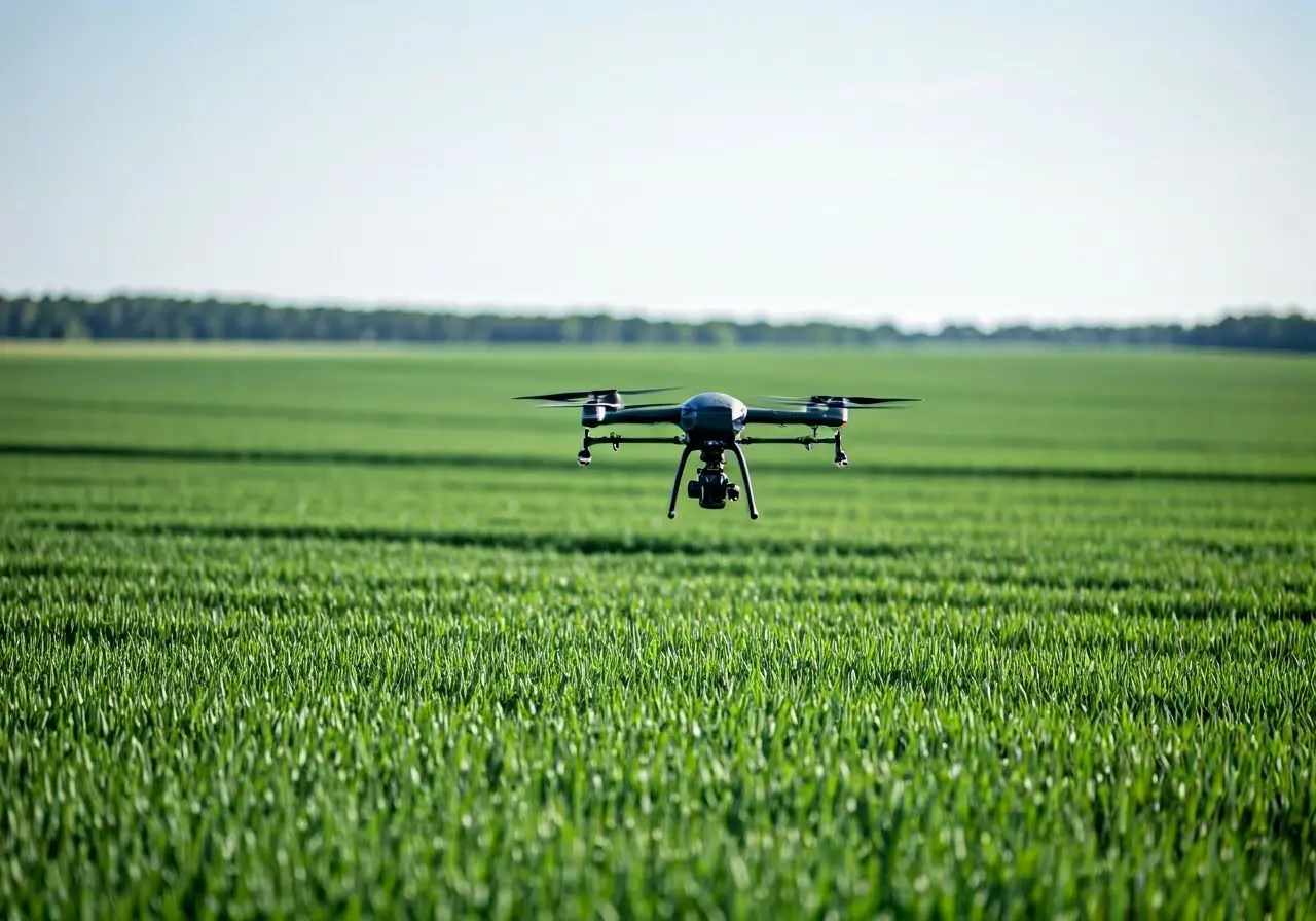 A drone spraying crops in a vast green farm field. 35mm stock photo