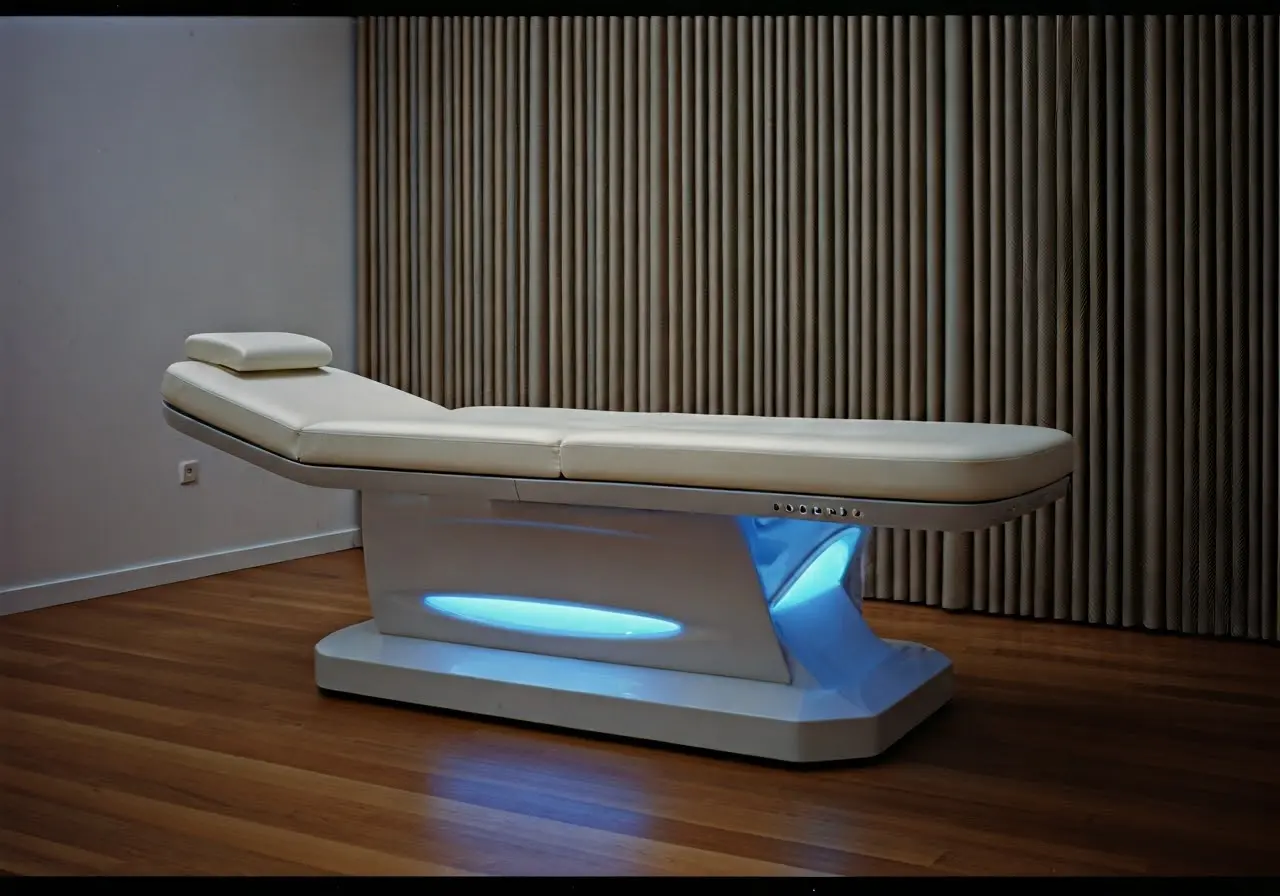 A futuristic therapy bed in a serene, minimalist room. 35mm stock photo