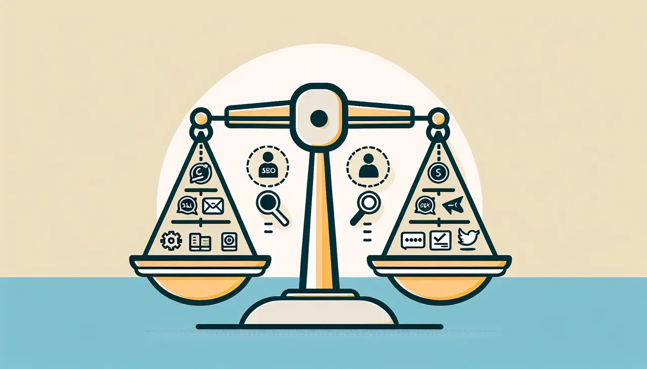 Draw a graphic in flat design style. An image of a balance scale with icons of SEO elements on one side and user engagement elements on the other, symbolizing harmony, in flat design style.