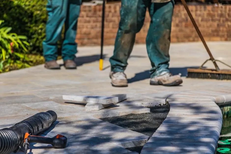 Workers laying tiles on an outdoor patio under sunlight.