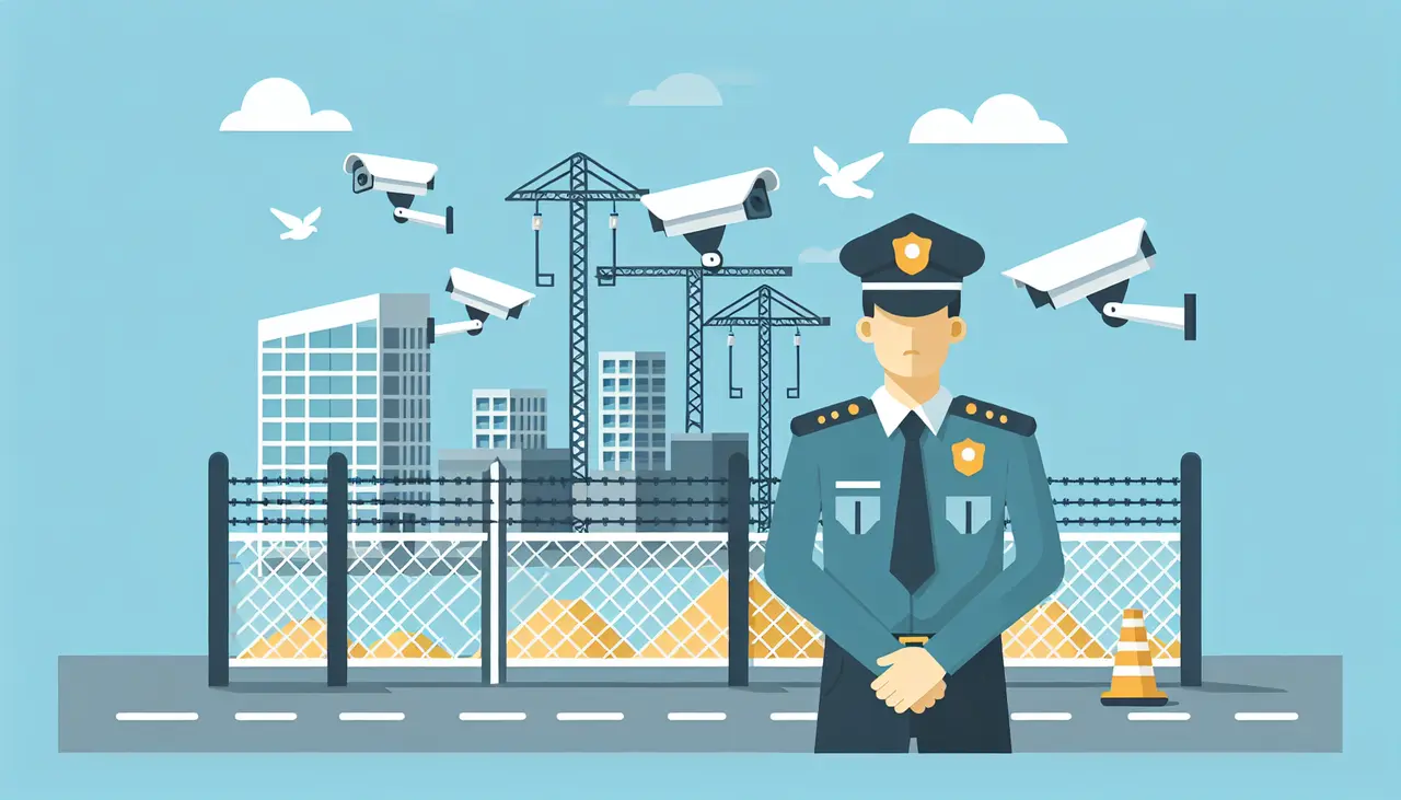 Draw a graphic in flat design style. Illustration of a construction site with security cameras, a fence, and a security guard, in a simple and clean flat design style.