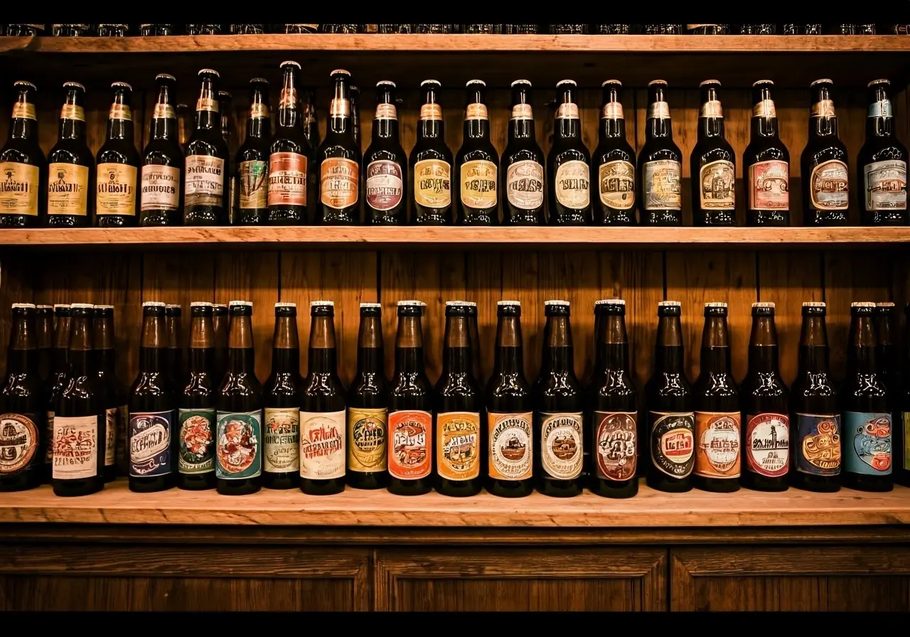 Rows of colorful craft beer bottles on rustic wooden shelves. 35mm stock photo