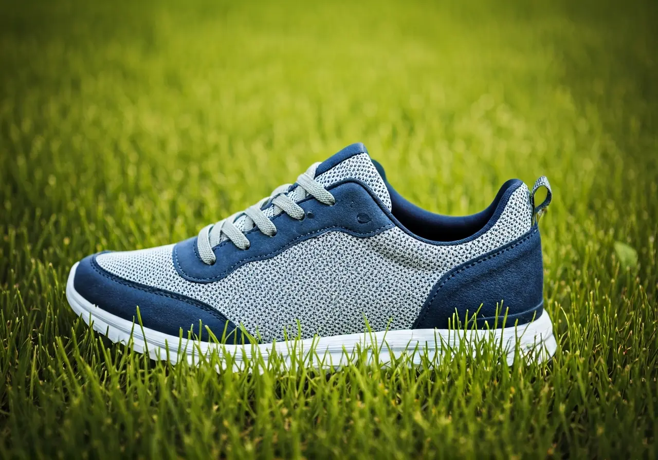 A pair of comfortable sneakers placed on lush green grass. 35mm stock photo