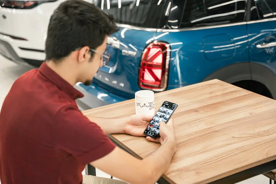 Young man at car dealership using smartphone. Modern cars in background.