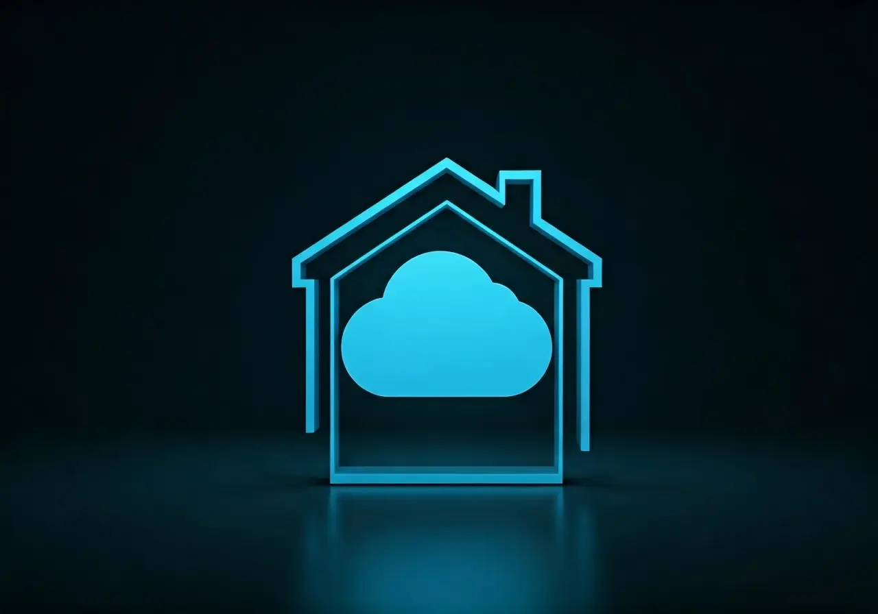 A digital cloud icon hovering over a stylized house outline. 35mm stock photo