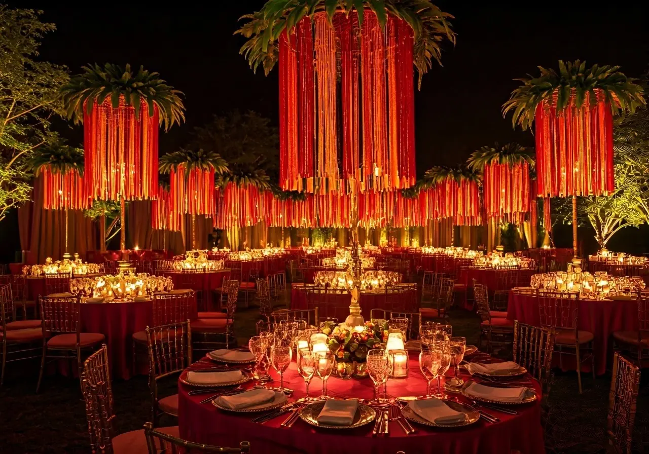 A vibrant event setup with elegant decorations and lighting. 35mm stock photo