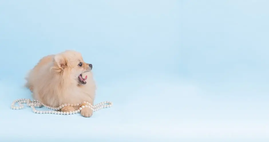 Cute Pomeranian dog posing with pearl necklace on a light blue backdrop, perfect for pet lovers.