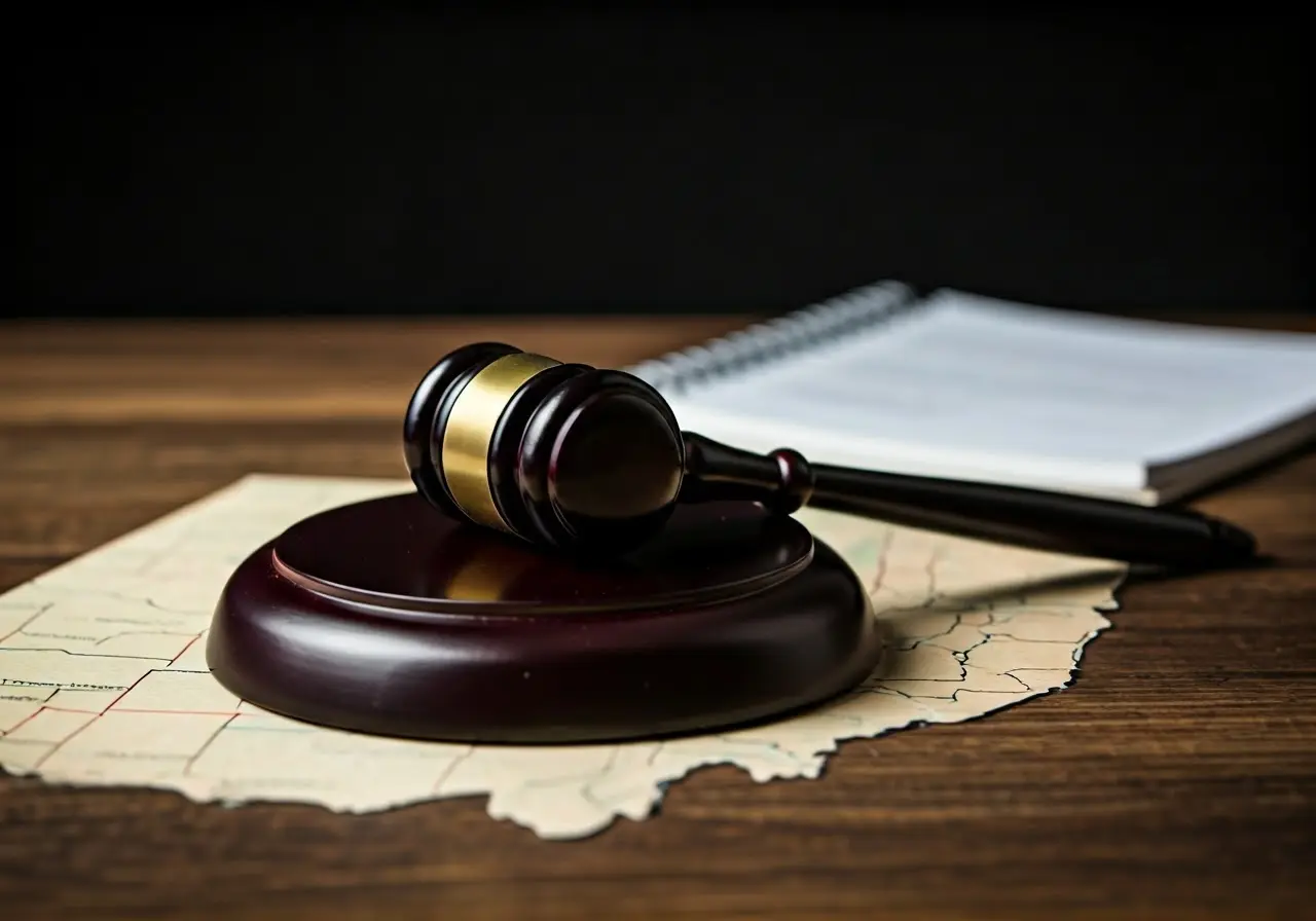 A gavel resting on Ohio state map with documents nearby. 35mm stock photo