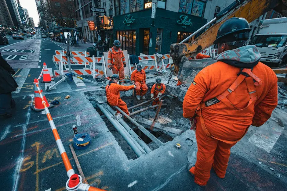 Construction workers in orange uniforms working on a street excavation in NYC.