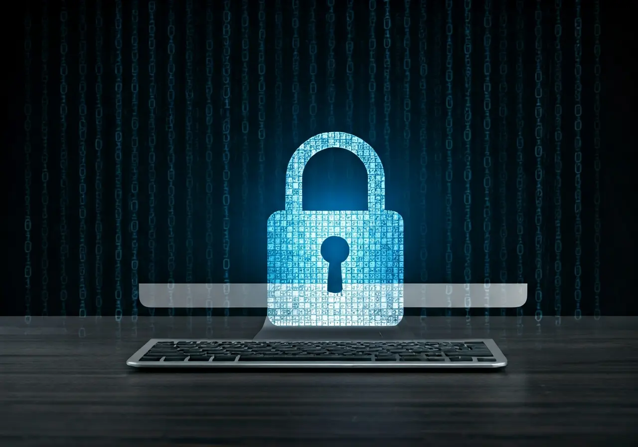 A computer with a padlock overlay on a binary code background. 35mm stock photo