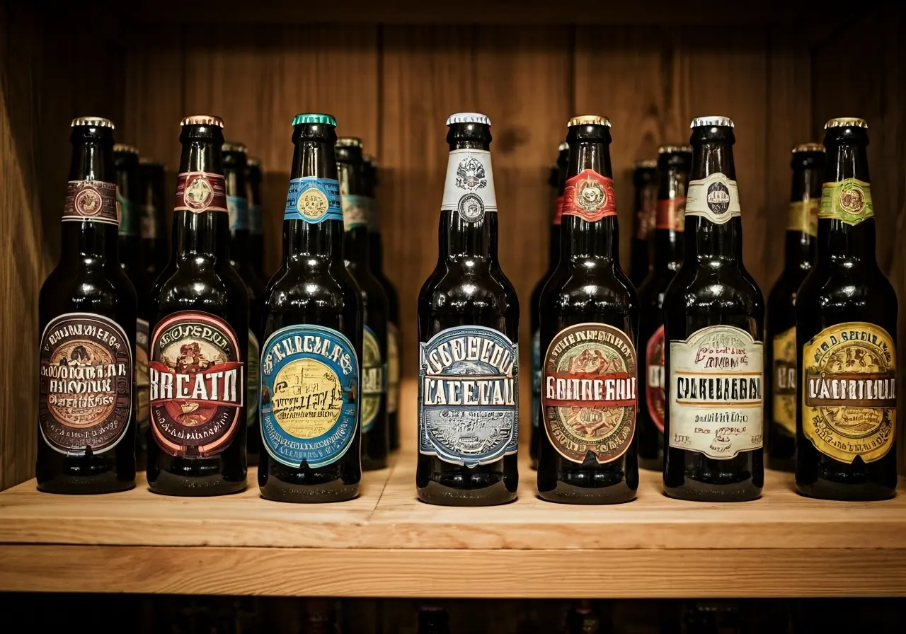 A variety of colorful craft beer bottles on wooden shelves. 35mm stock photo