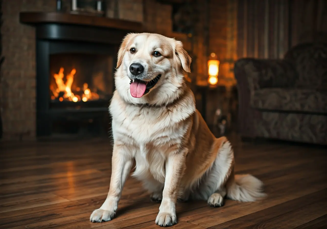 A happy dog sitting attentively in a cozy living room. 35mm stock photo