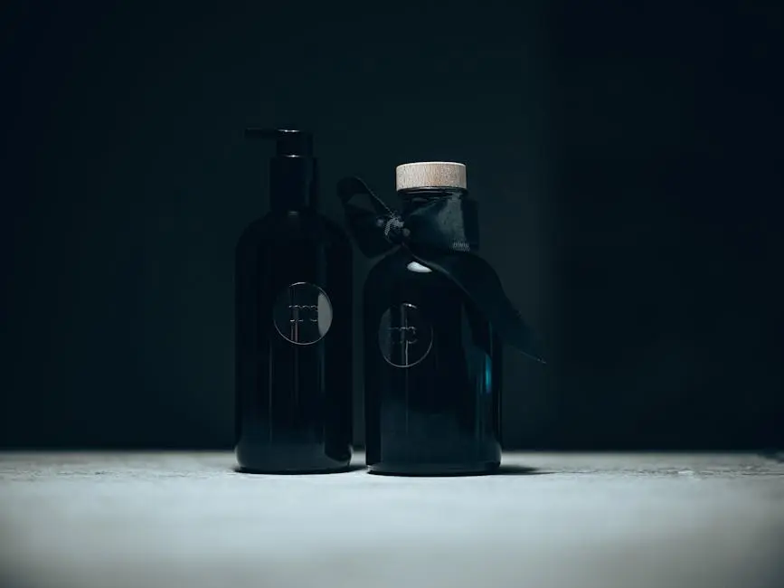 Stylish black cosmetic bottles with ribbon on a dark backdrop, perfect for luxury branding.