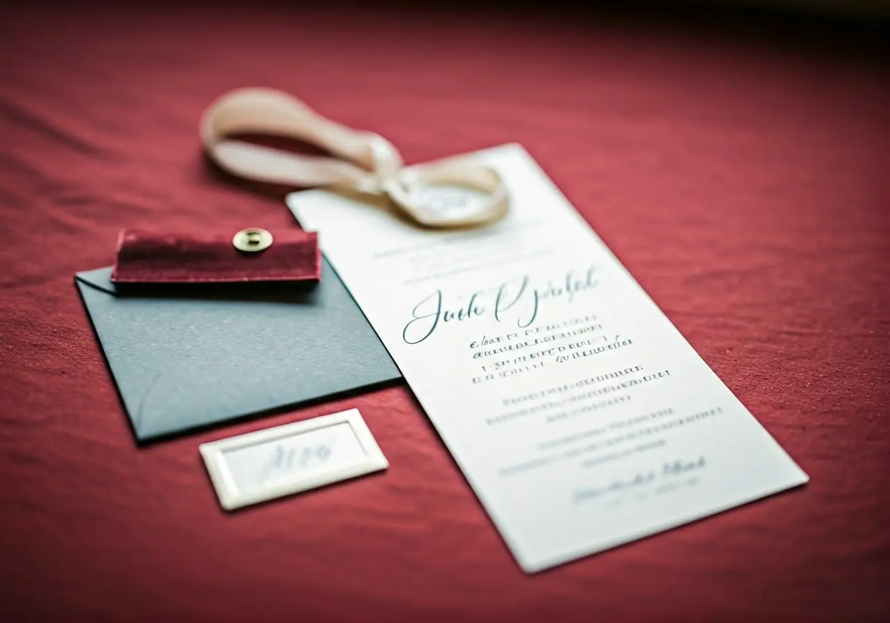 A close-up of elegant, personalized wedding invitation accessories. 35mm stock photo