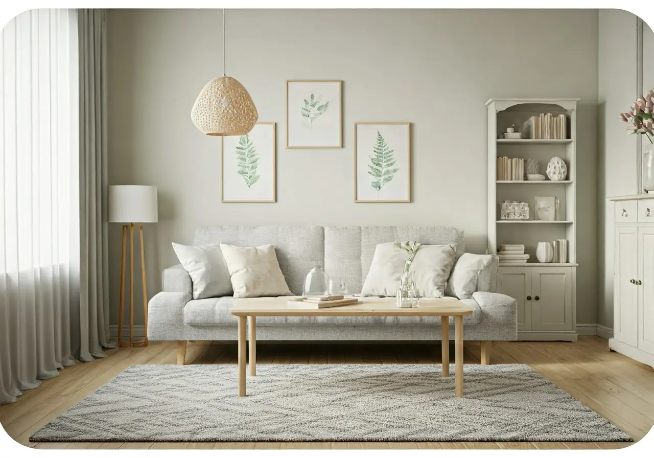 A cozy, warmly lit living room with soft pastel colors. 35mm stock photo
