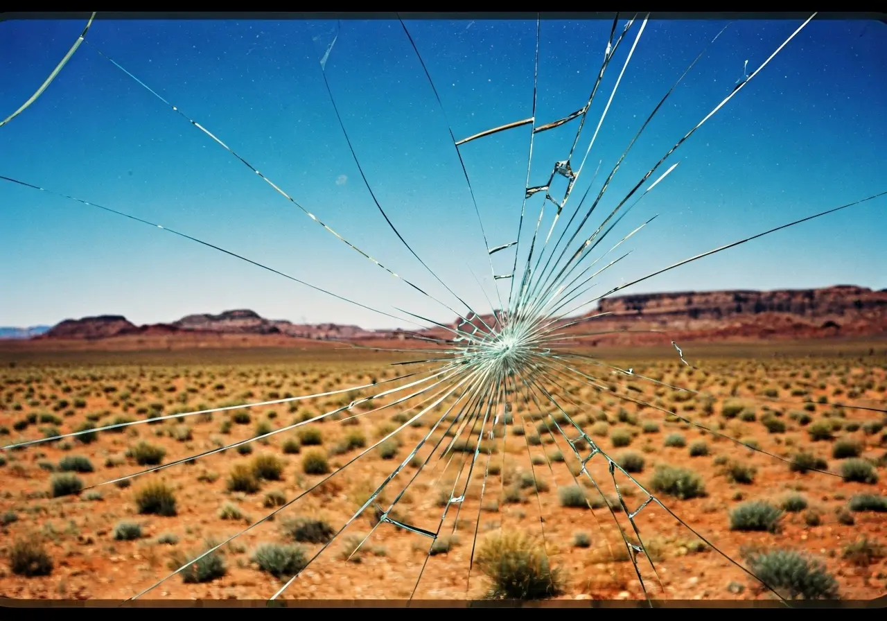 A cracked windshield with a desert landscape in the background. 35mm stock photo