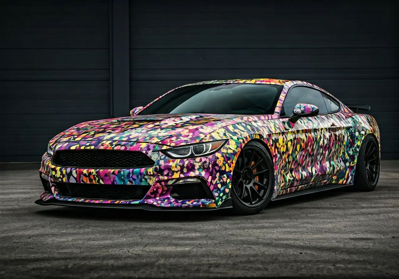 A vibrant car with a colorful custom vehicle wrap. 35mm stock photo