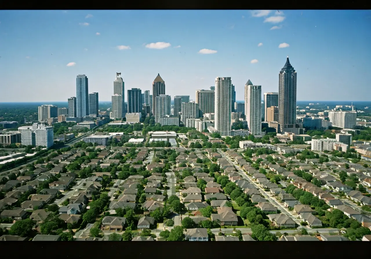 Aerial view of Atlanta skyline with suburban homes. 35mm stock photo