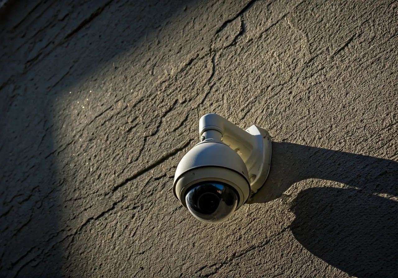An image of a CCTV camera mounted incorrectly on a wall. 35mm stock photo