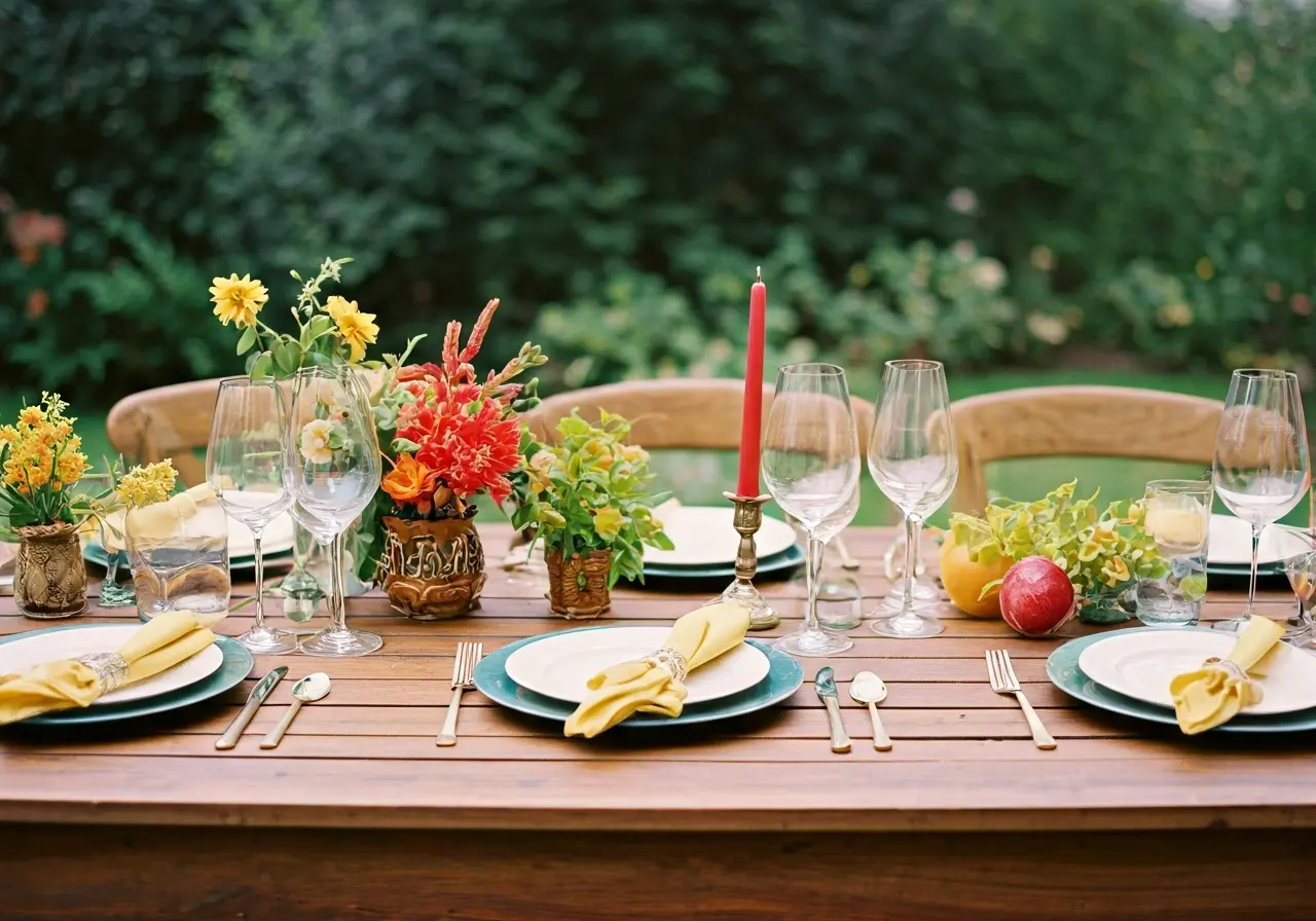 A beautifully set outdoor table with elegant, colorful decorations. 35mm stock photo