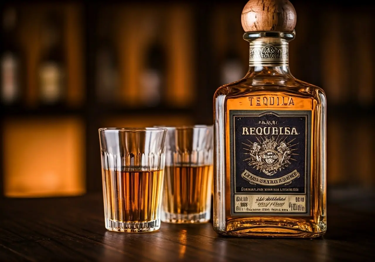 A close-up of a bottle of aged tequila with glasses. 35mm stock photo