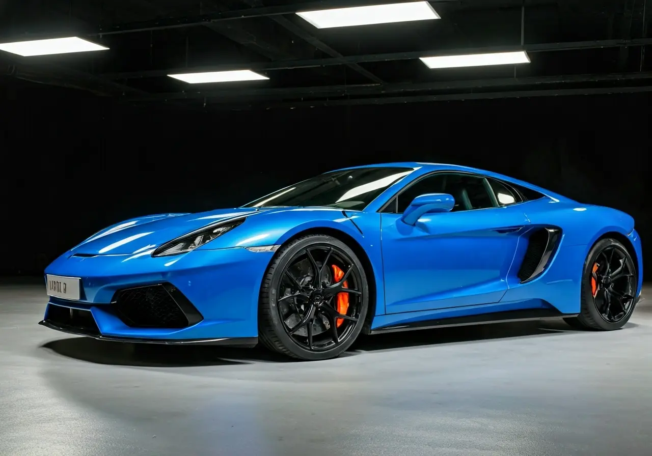 A sleek sports car gleaming under bright showroom lights. 35mm stock photo