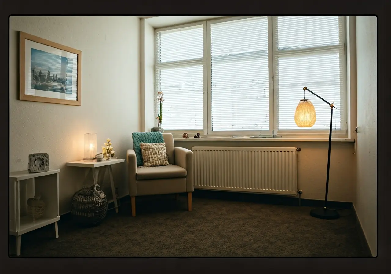A serene therapist’s office with calming decor and soft lighting. 35mm stock photo