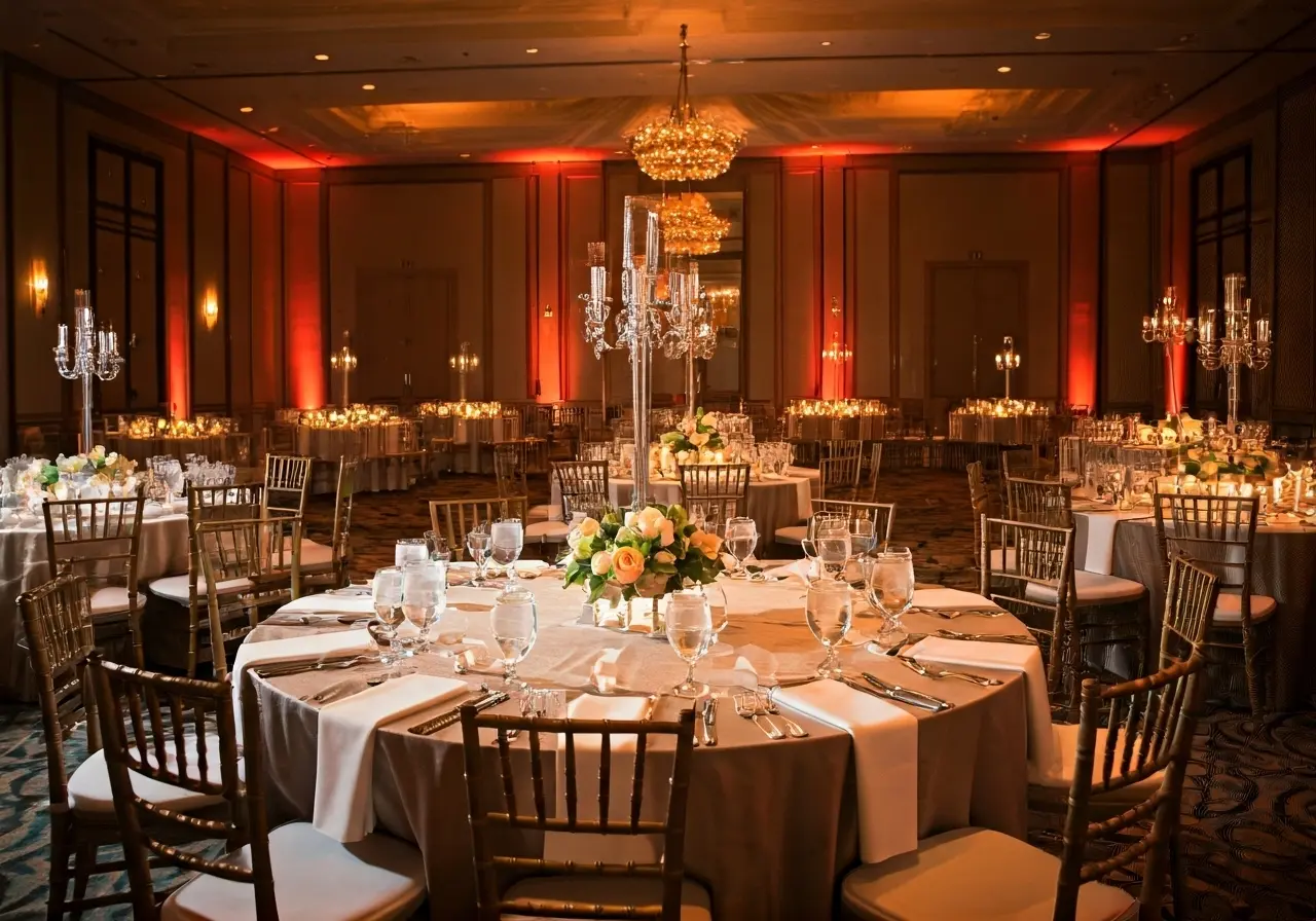 Elegant banquet setup under bright lighting in a convention hall. 35mm stock photo
