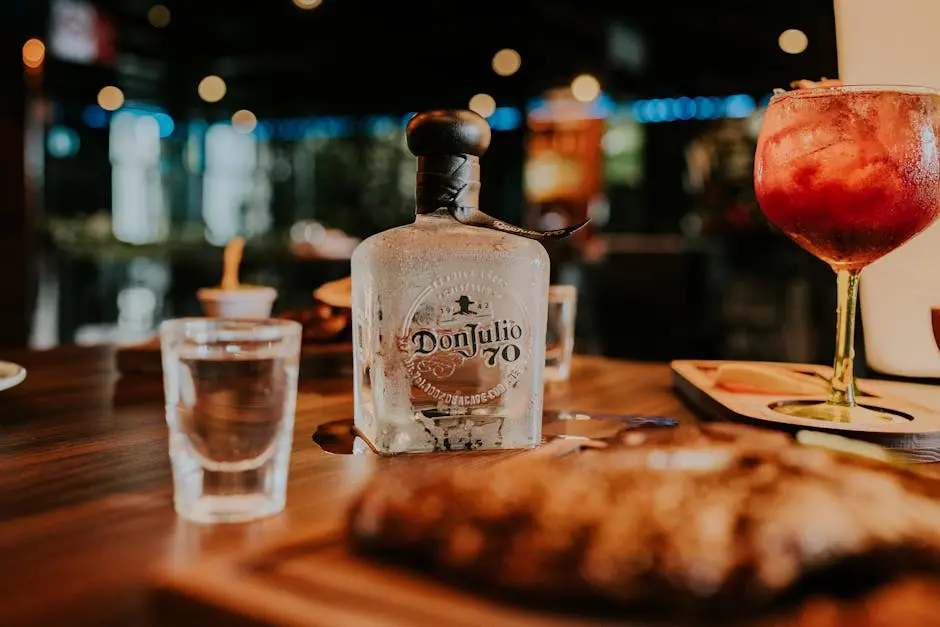 A sophisticated scene featuring Don Julio tequila with gourmet dining elements, ideal for lifestyle and beverage themes.