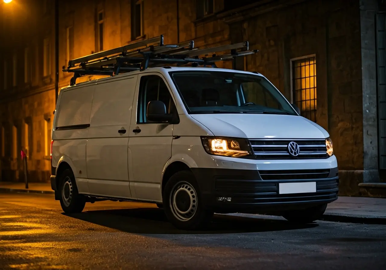 A plumber’s van parked on a dimly lit street. 35mm stock photo