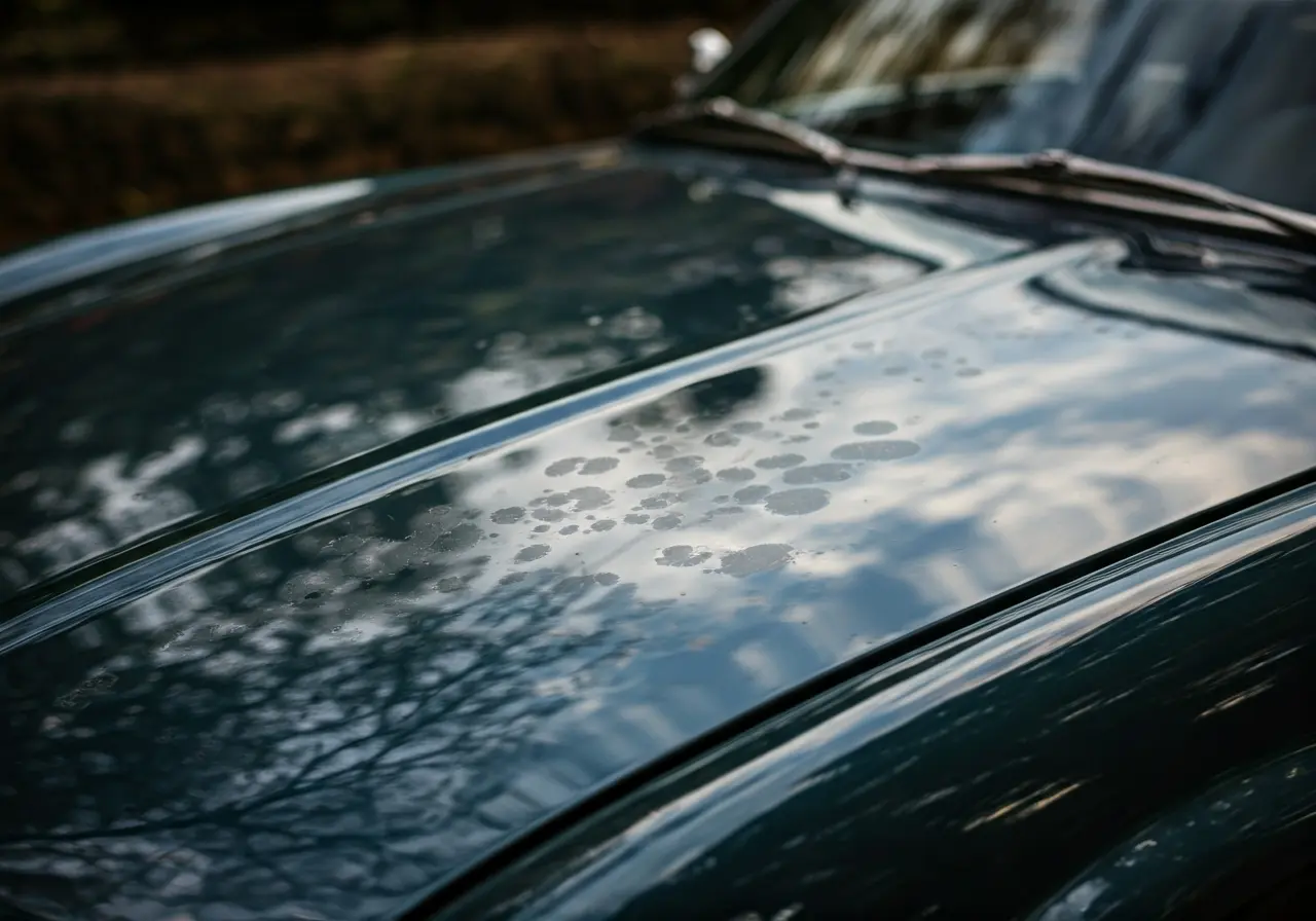 A close-up of a shiny car hood with tar spots. 35mm stock photo